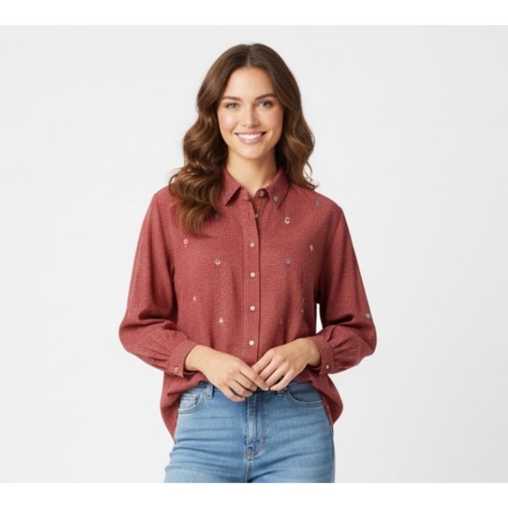 Koret City Blues Womens Red Plaid Embroidered‎ Button Down Shirt Top 20W